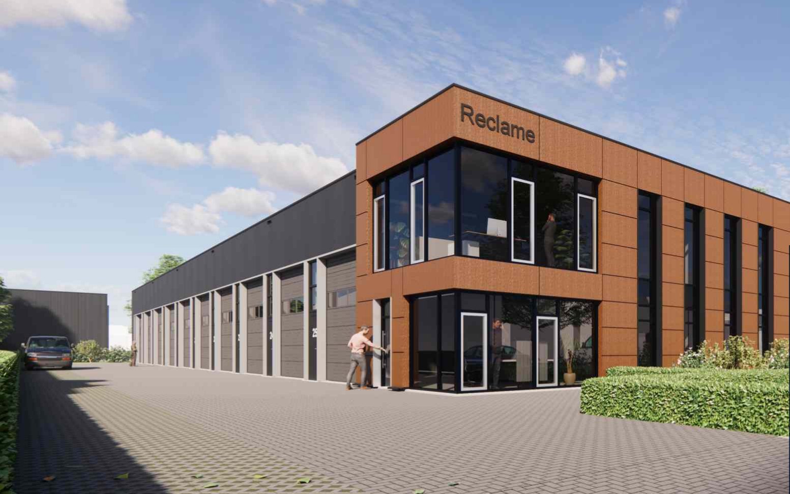 Nieuwbouw bedrijfsverzamelgebouw met overheaddeuren aan de Kleibultweg in Oldenzaal